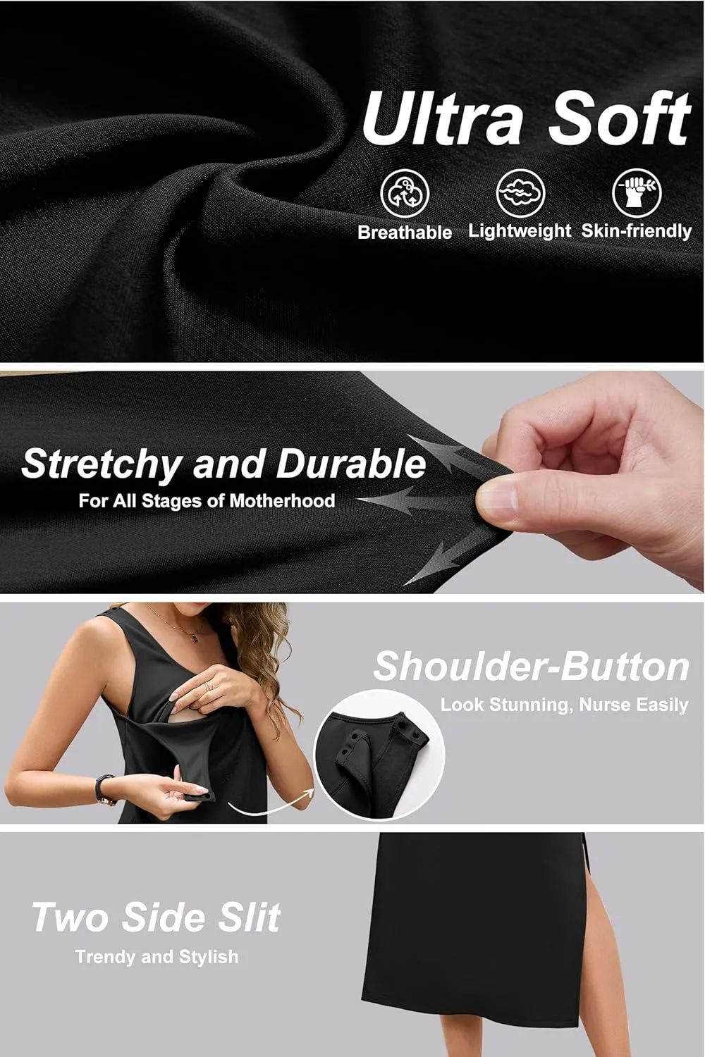 OUGES Womens 2025 Summer Maternity Nursing Dress Split Midi Sleeveless Breastfeeding Dress Scoop Neck Pregnancy Clothes
