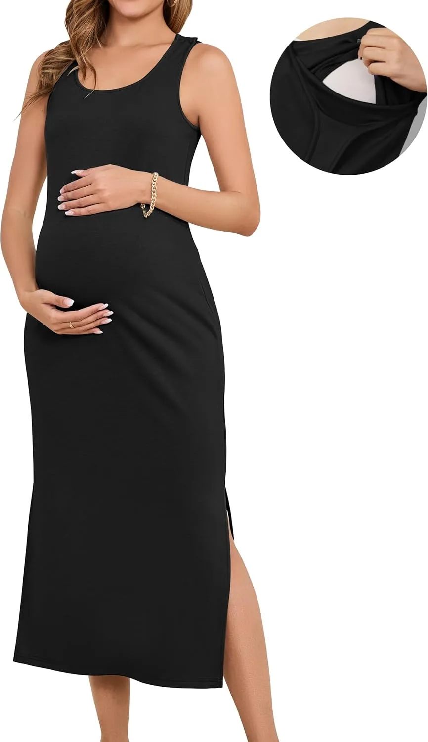 OUGES Womens 2025 Summer Maternity Nursing Dress Split Midi Sleeveless Breastfeeding Dress Scoop Neck Pregnancy Clothes