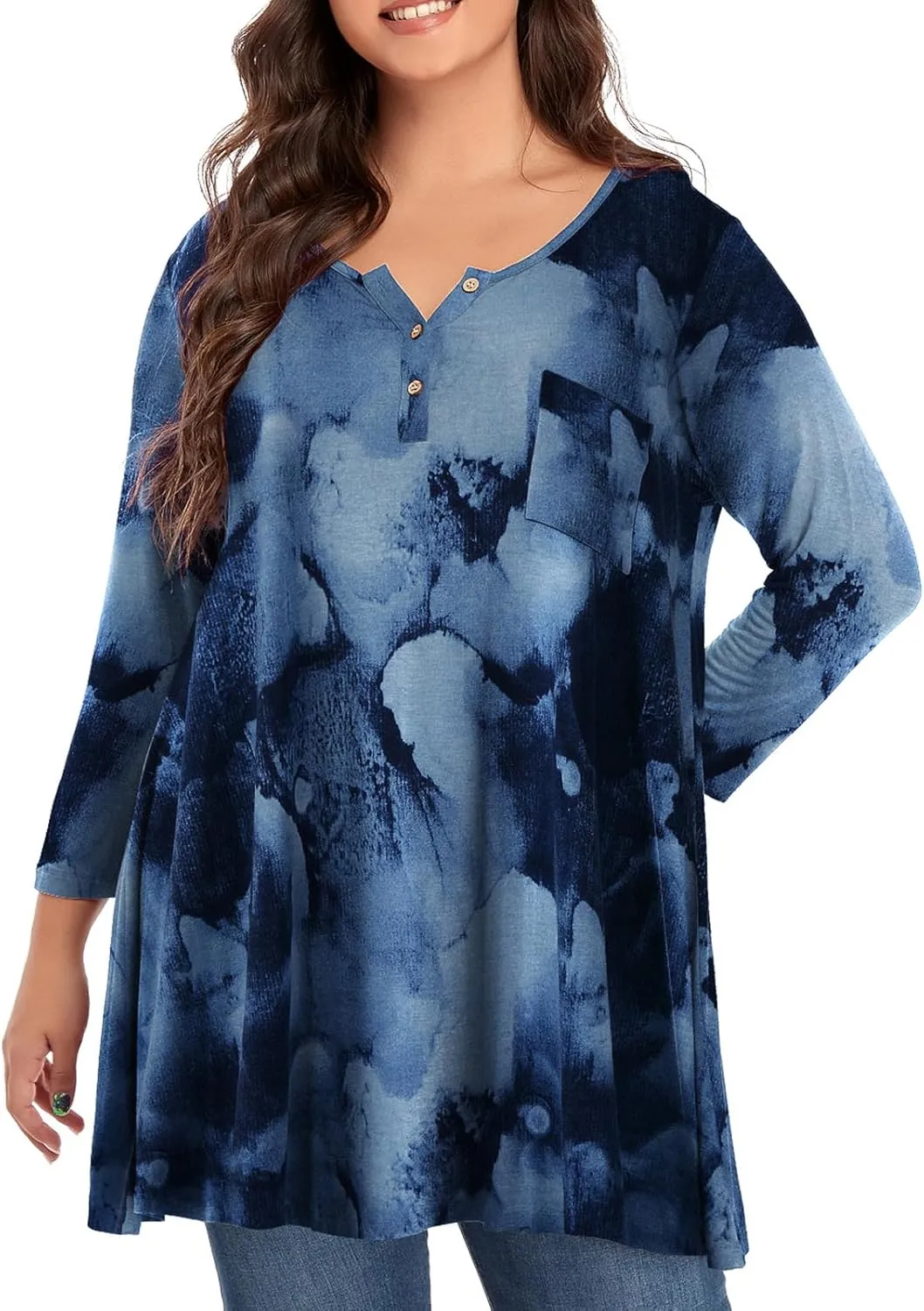OVERWORETY Plus Size Tops for Women 3/4 Sleeve Henley V Neck Button Tunics Casual Loose Swing Shirts for Leggings