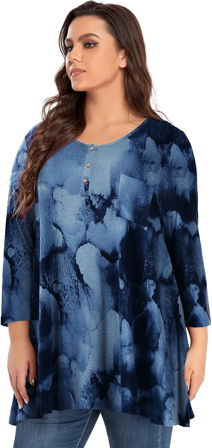 OVERWORETY Plus Size Tops for Women 3/4 Sleeve Henley V Neck Button Tunics Casual Loose Swing Shirts for Leggings