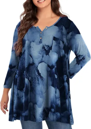 OVERWORETY Plus Size Tops for Women 3/4 Sleeve Henley V Neck Button Tunics Casual Loose Swing Shirts for Leggings