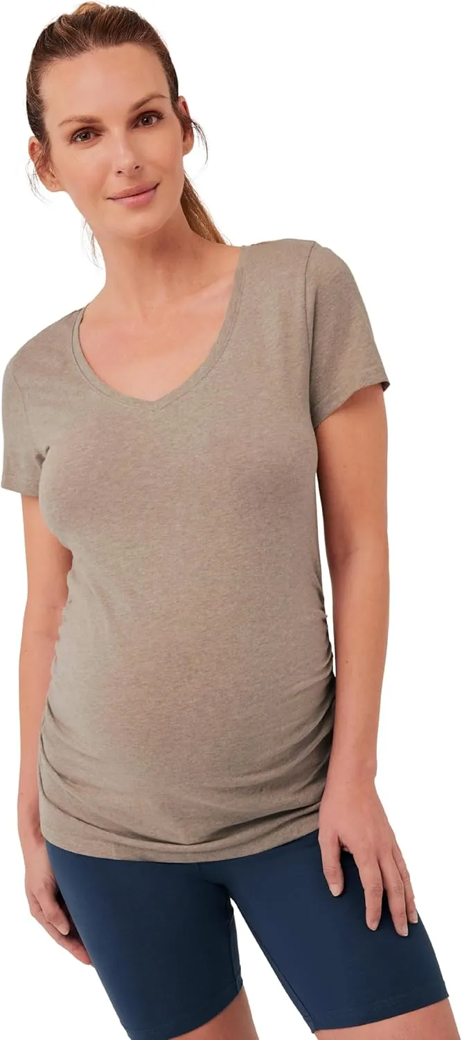 Pact Organic Cotton V-Neck Ruched Maternity Tee Shirts, Soft Pregnancy Top with Stretch