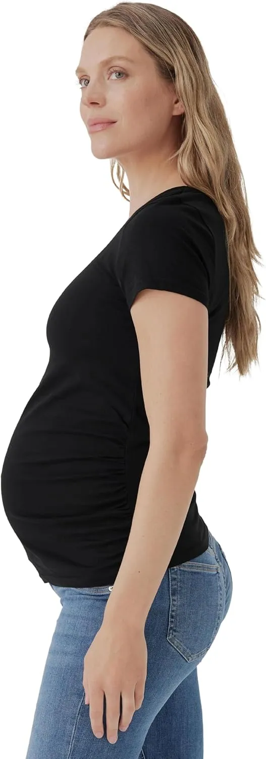 Pact Organic Cotton V-Neck Ruched Maternity Tee Shirts, Soft Pregnancy Top with Stretch