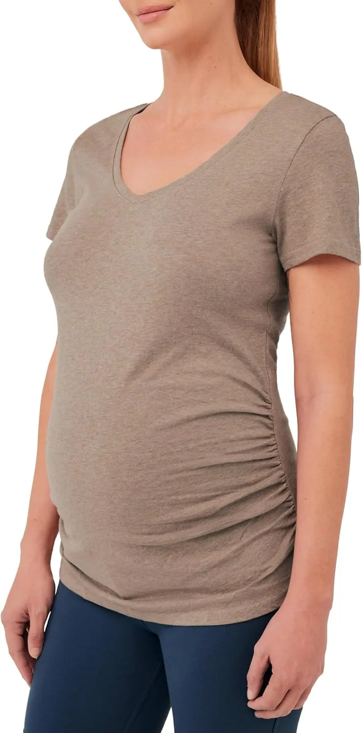 Pact Organic Cotton V-Neck Ruched Maternity Tee Shirts, Soft Pregnancy Top with Stretch