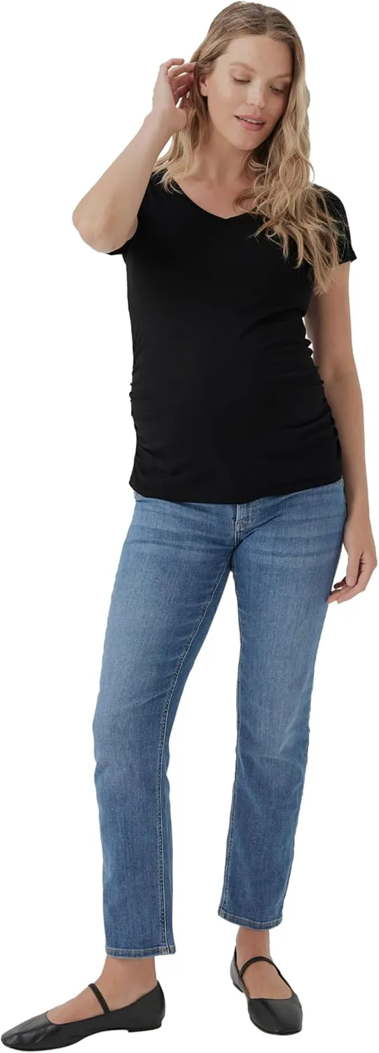 Pact Organic Cotton V-Neck Ruched Maternity Tee Shirts, Soft Pregnancy Top with Stretch