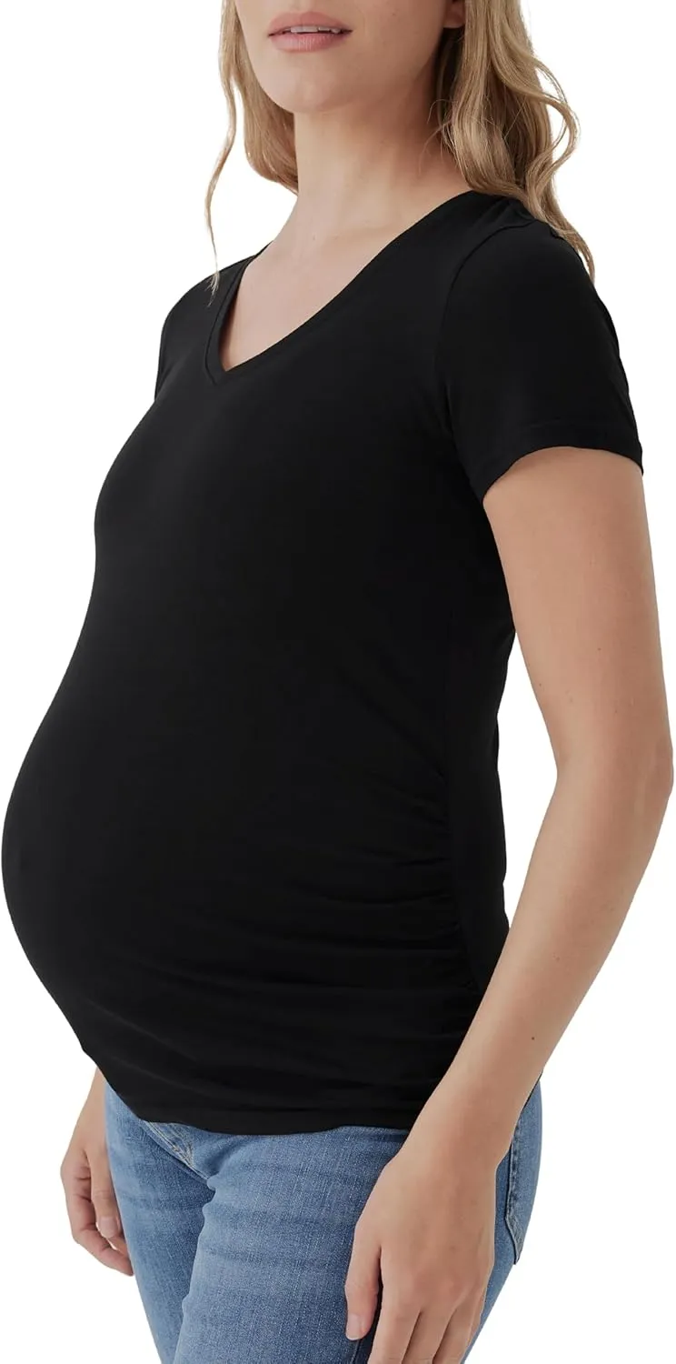Pact Organic Cotton V-Neck Ruched Maternity Tee Shirts, Soft Pregnancy Top with Stretch