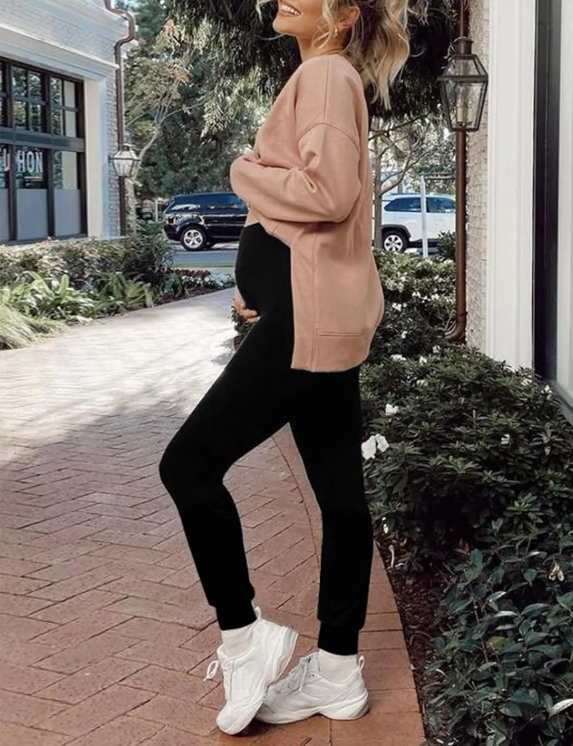 Peauty Buttery Soft Maternity Jogger Pants with Cuffed Tapered Legs, Over The Belly Design for Lounge & Active Wear