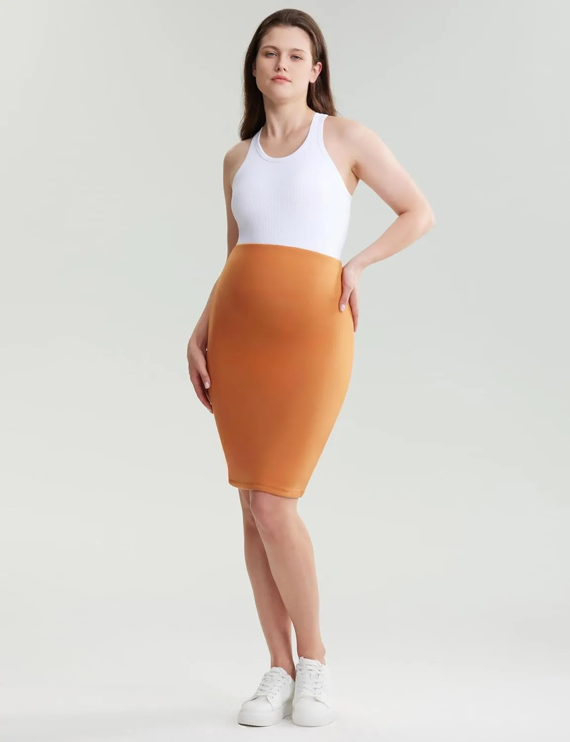 POSHDIVAH Women's Maternity Skirt Over The Belly Midi High Waisted Solid Stretchy Pregnancy Pencil Skirt