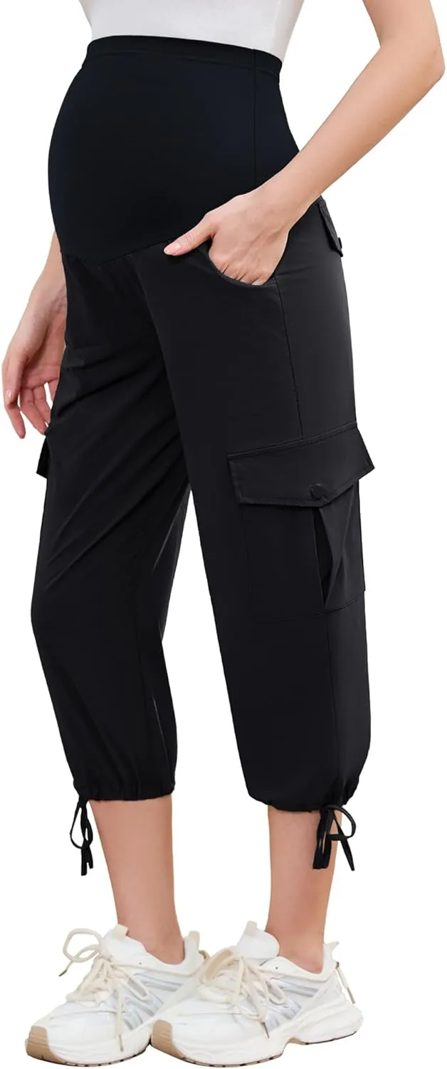 POSHGLAM Women's Maternity Cargo Capris Pants with 4 Pockets Quick-Dry Lightweight Summer Hiking Active Pants