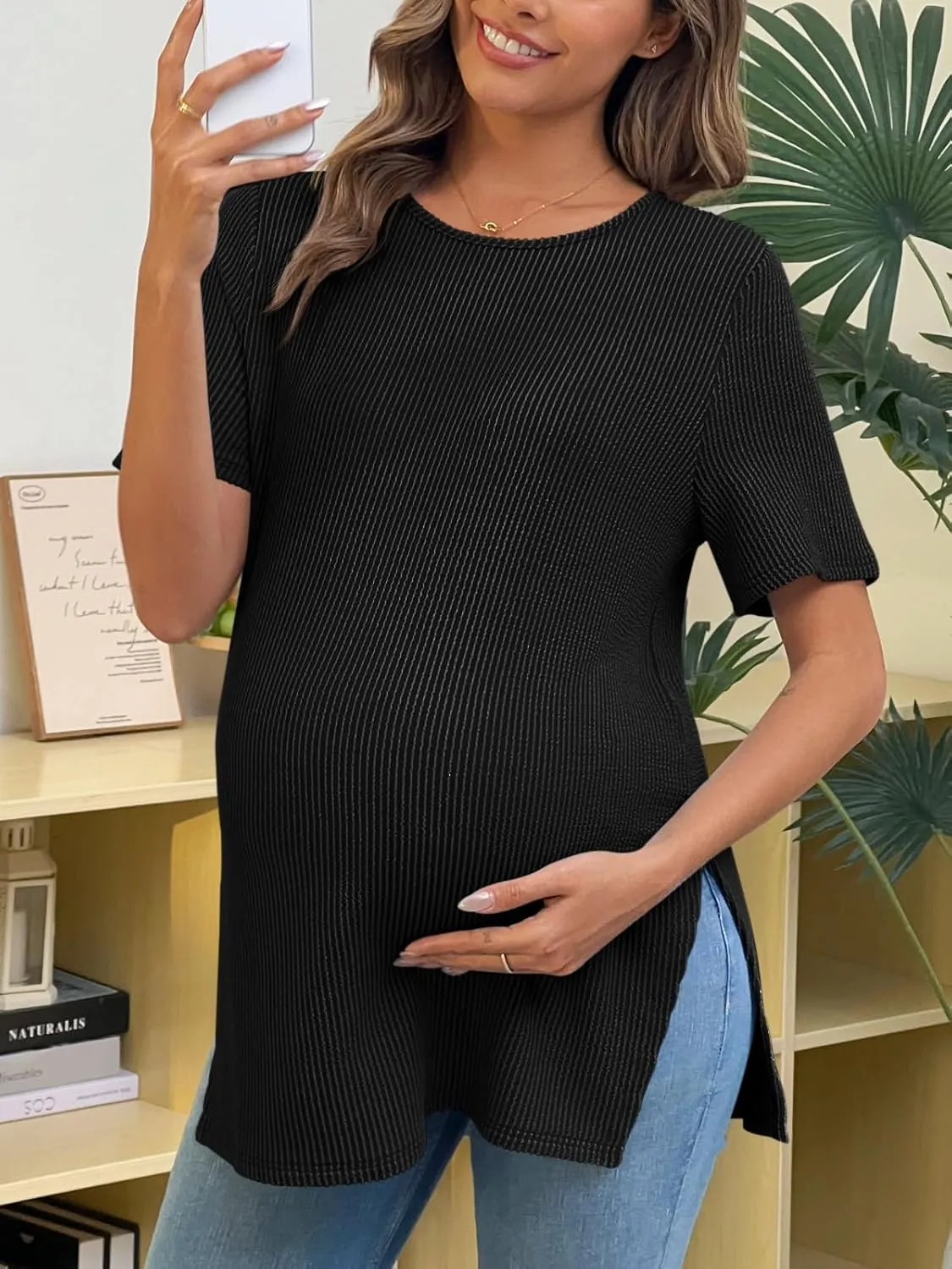 Tankaneo Womens Maternity T Shirts Summer Ribbed Short Sleeve Tunic Tops Textured Side Split Tee Pregnancy Clothes
