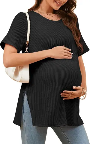 Tankaneo Womens Maternity T Shirts Summer Ribbed Short Sleeve Tunic Tops Textured Side Split Tee Pregnancy Clothes