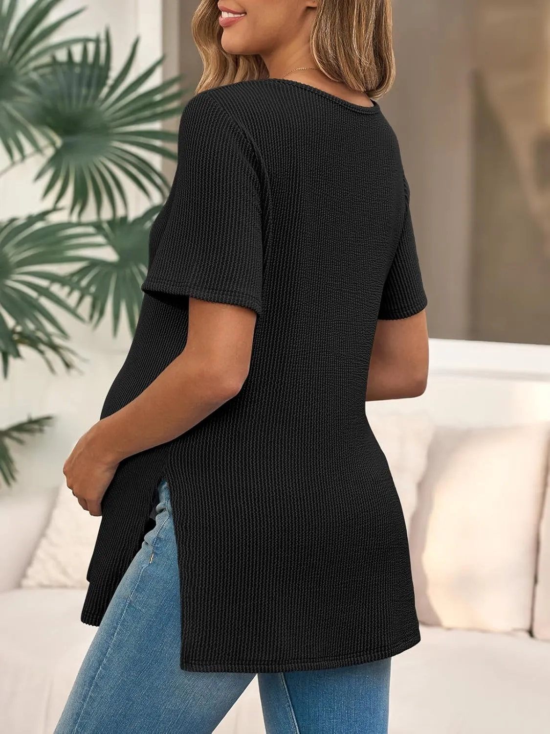 Tankaneo Womens Maternity T Shirts Summer Ribbed Short Sleeve Tunic Tops Textured Side Split Tee Pregnancy Clothes