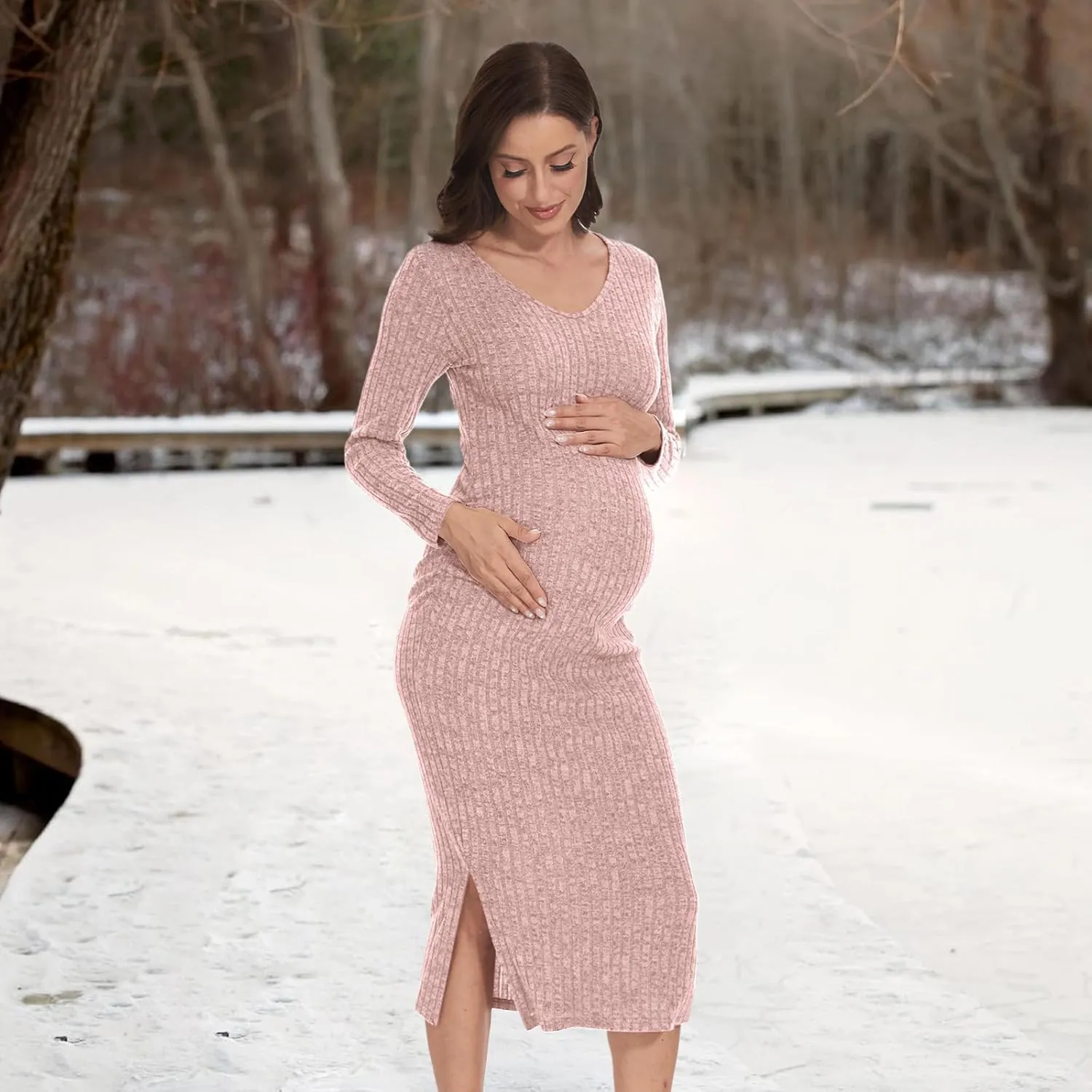 V Neck Side Ruch Knit Ribbed Maternity Bodycon Dress，Maternity Dress for Baby Shower