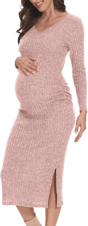 V Neck Side Ruch Knit Ribbed Maternity Bodycon Dress，Maternity Dress for Baby Shower