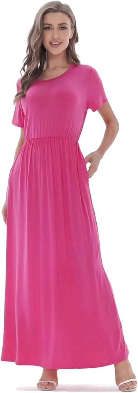 Women 2025 Summer Short Sleeve Long Casual Empire High Waist Maxi Dress with Pockets