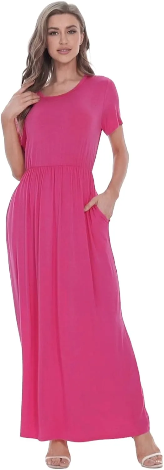 Women 2025 Summer Short Sleeve Long Casual Empire High Waist Maxi Dress with Pockets