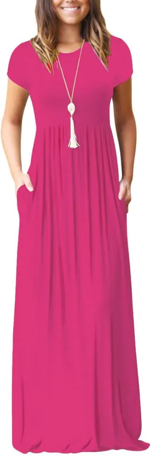 Women 2025 Summer Short Sleeve Long Casual Empire High Waist Maxi Dress with Pockets