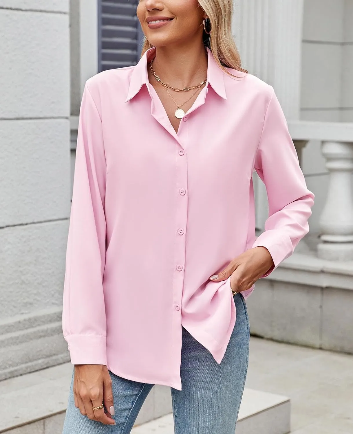 Womens Long Sleeve Button Down Shirt Ultra-Soft Stretch Wrinkle-Free Work Casual Business Office Blouse