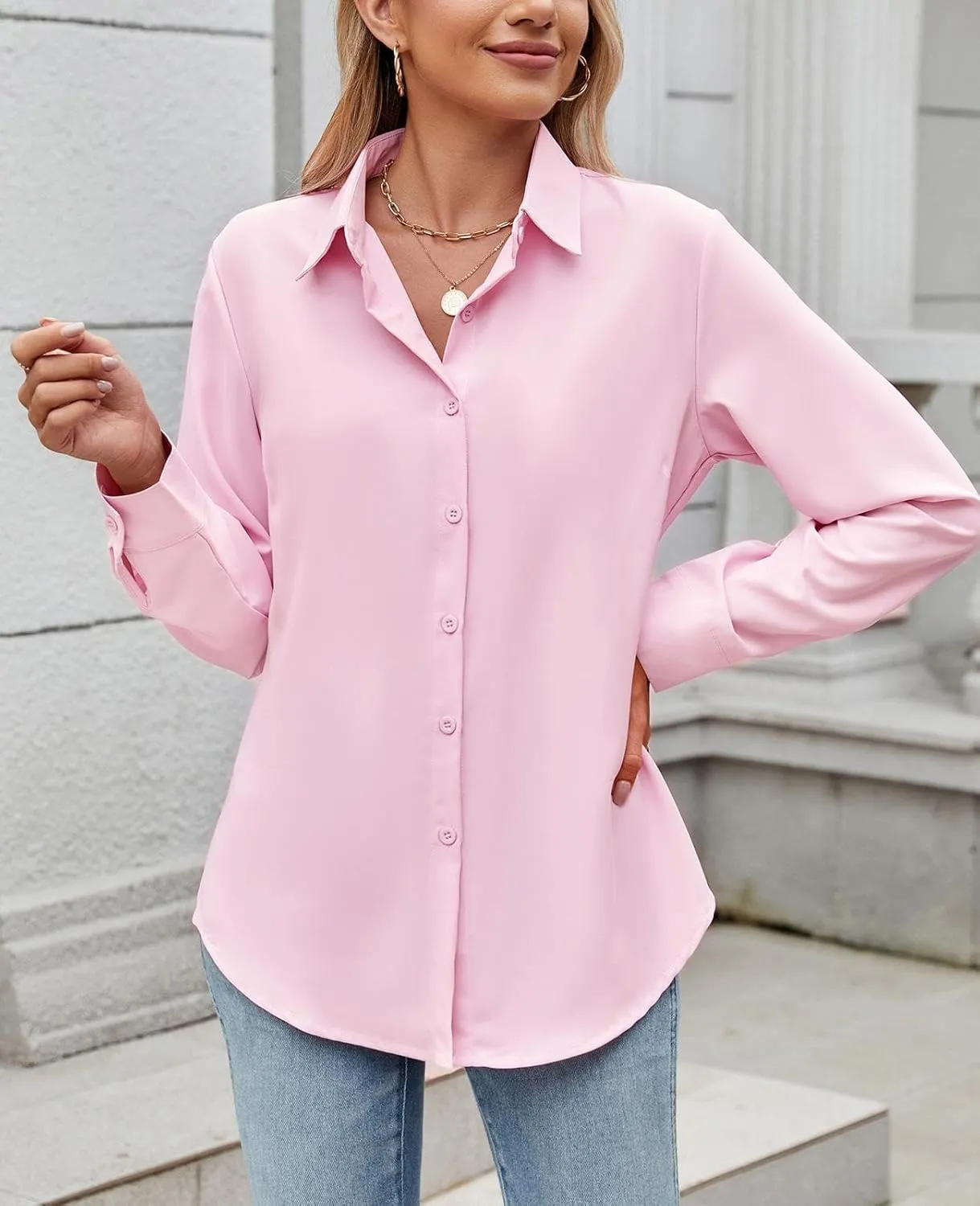 Womens Long Sleeve Button Down Shirt Ultra-Soft Stretch Wrinkle-Free Work Casual Business Office Blouse