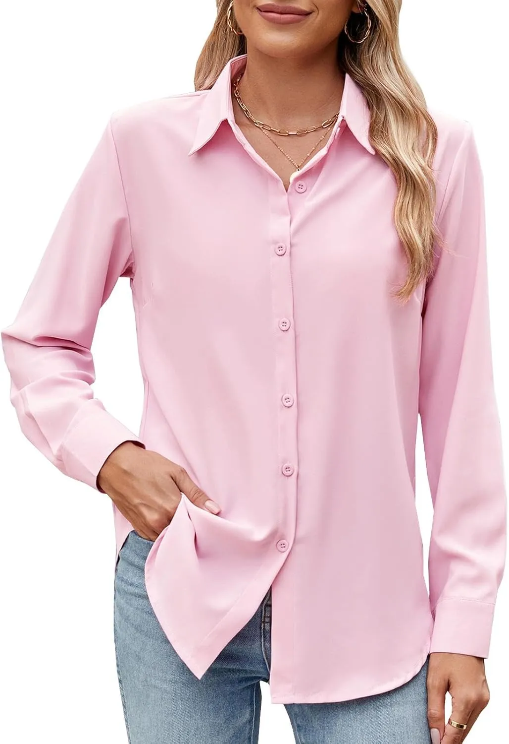 Womens Long Sleeve Button Down Shirt Ultra-Soft Stretch Wrinkle-Free Work Casual Business Office Blouse