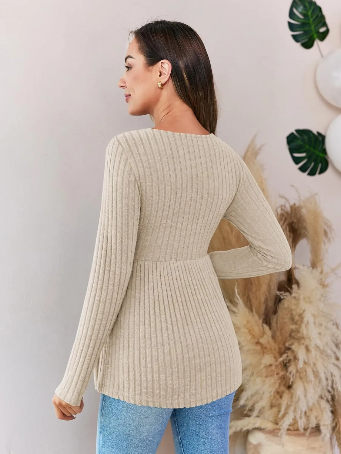 Womens Maternity Shirts Long Sleeve Pregnancy Tops Casual V Neck Ribbed Knit Pregnant Blouses