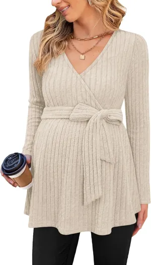 Womens Maternity Shirts Long Sleeve Pregnancy Tops Casual V Neck Ribbed Knit Pregnant Blouses