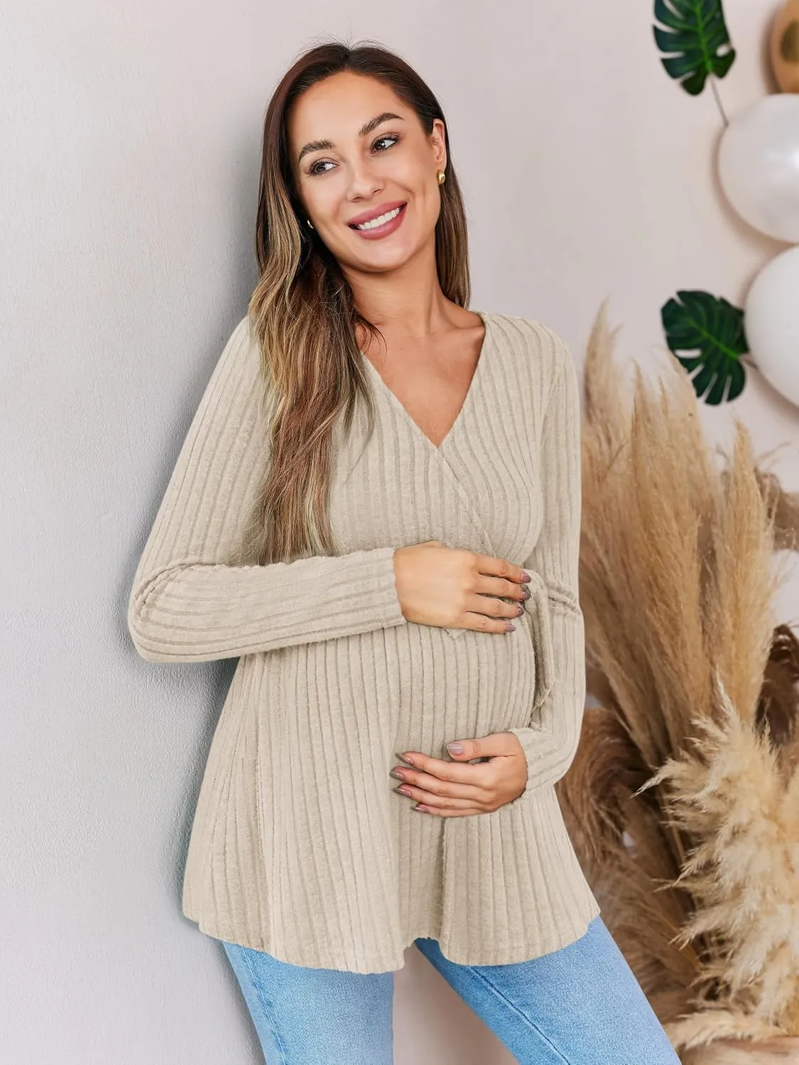 Womens Maternity Shirts Long Sleeve Pregnancy Tops Casual V Neck Ribbed Knit Pregnant Blouses