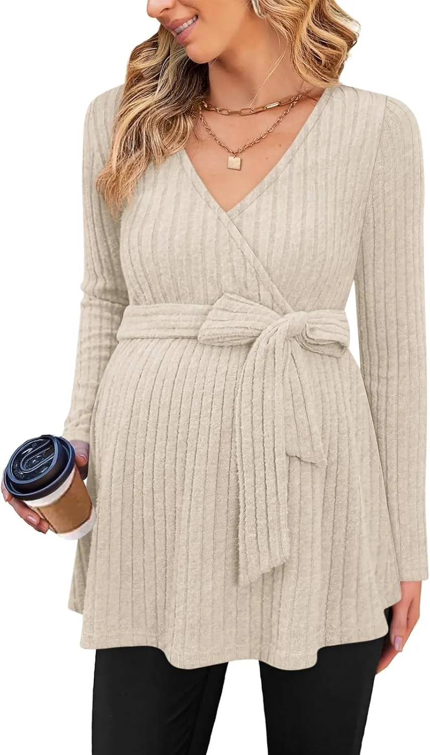Womens Maternity Shirts Long Sleeve Pregnancy Tops Casual V Neck Ribbed Knit Pregnant Blouses